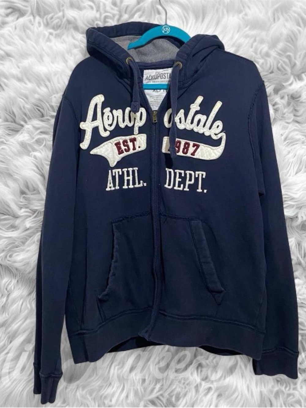 Aeropostale Navy Blue Zip Hoodie with White & Burgundy Appliqué